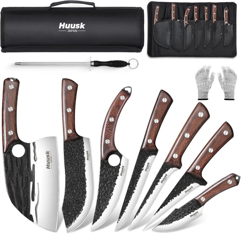 Huusk Butcher Knife Set for Meat Cutting 10pcs Viking Kitchen Serbian Chef Knife with Roll Bag Hand Forged Brisket Knives Meat Cleaver for Men Gift BBQ Outdoor Camping - Image 1
